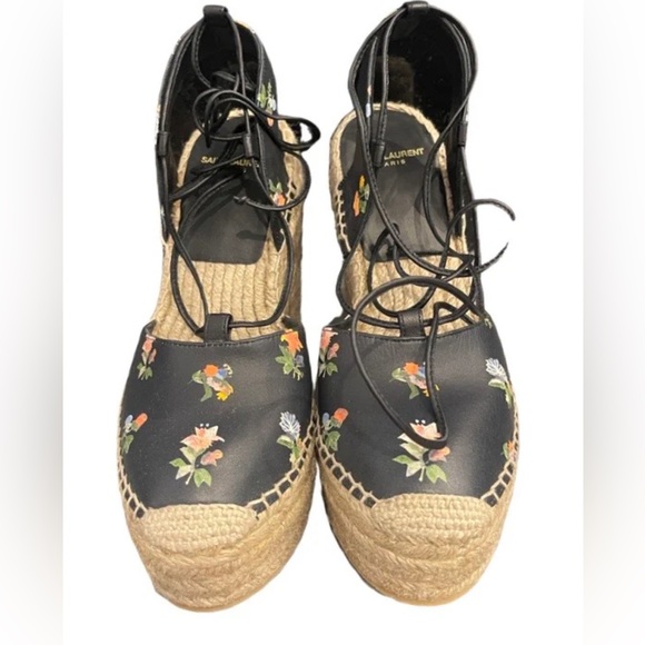 Saint Laurent YSL Floral Black Leather Ankle Wrap Espadrille Wedge Heel EU 40 - Picture 4 of 9